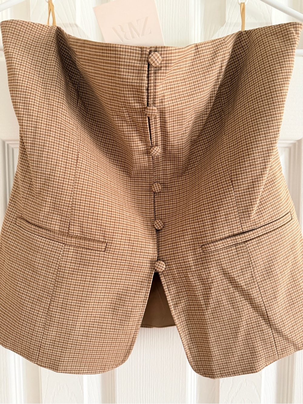 Zara Strapless Bustier Toffee w/Houndstooth Pattern & Button Front Zip Closure S - Picture 9 of 10